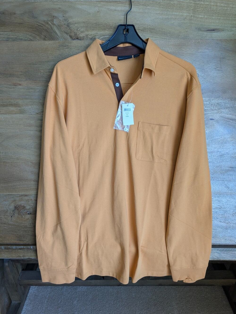 NWT Paul Fredrick Polo Shirt Mens L Gold Stretch Long Sleeve Collared KFU360L